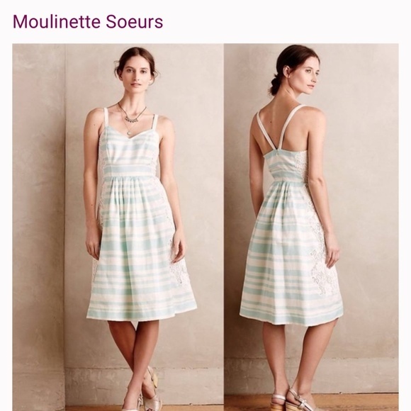 Anthropologie Dresses & Skirts - NWT MOULINETTE SOEURS Mint Cream Striped Midi Dress with Lace Anthropologie xs 0